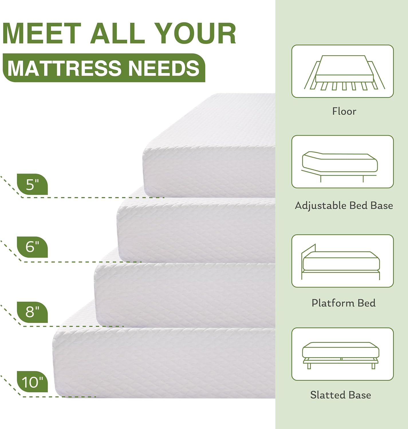 mory Foam Mattress, 10 Inch Bed Mattress in a Box with Cooling Green Tea Gel, Relieve Pressure with Medium Support, CertiPUR-US Certified, 80''L x 76''W, White - Image 2