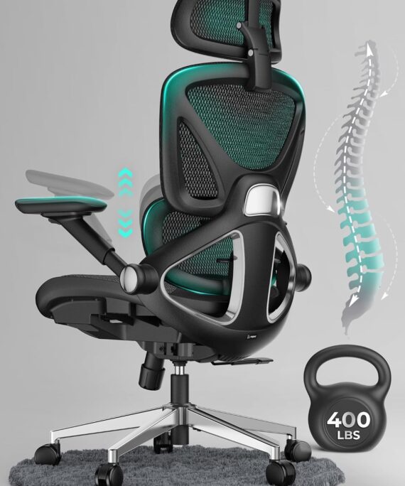 Ergonomic Mesh Office Chair, Adjustable Lumbar High Back Desk Chair 400lbs, 4D Flip-up Arms, 3-Level Tilt Backrest, 3D Headrest, PU Wheels, Swivel Rolling Computer Seating for Long Desk Work