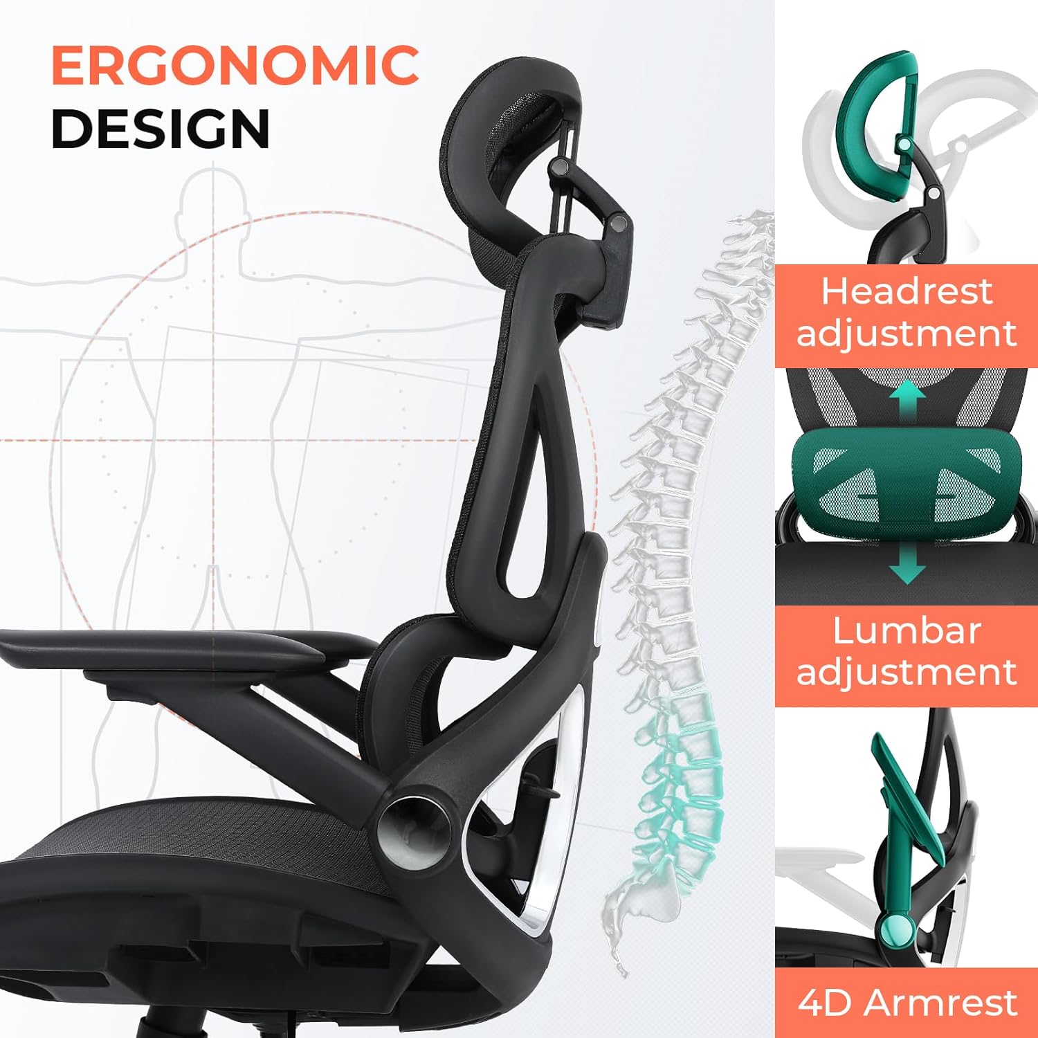 Ergonomic Mesh Office Chair, Adjustable Lumbar High Back Desk Chair 400lbs, 4D Flip-up Arms, 3-Level Tilt Backrest, 3D Headrest, PU Wheels, Swivel Rolling Computer Seating for Long Desk Work - Image 2