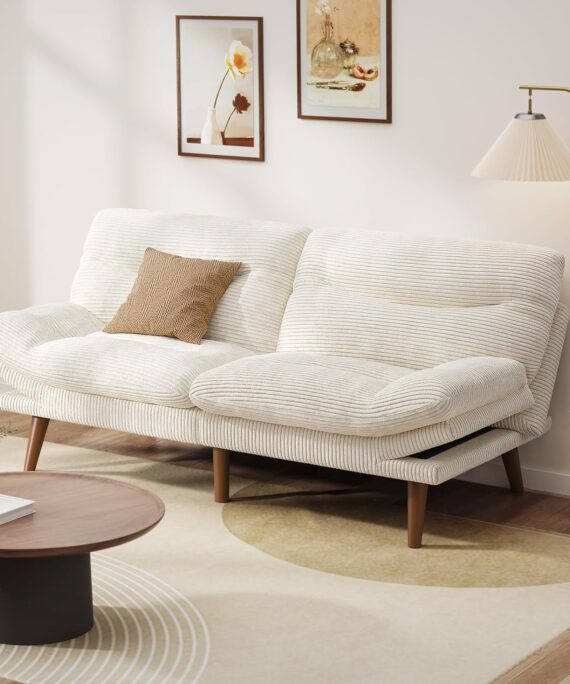 Convertible Futon Sofa Bed,66" Corduroy Futon Couch with Adjustable Backrest and Armrests, Recliner Sleeper Sofa for Small Spaces, Play Room or Office, White