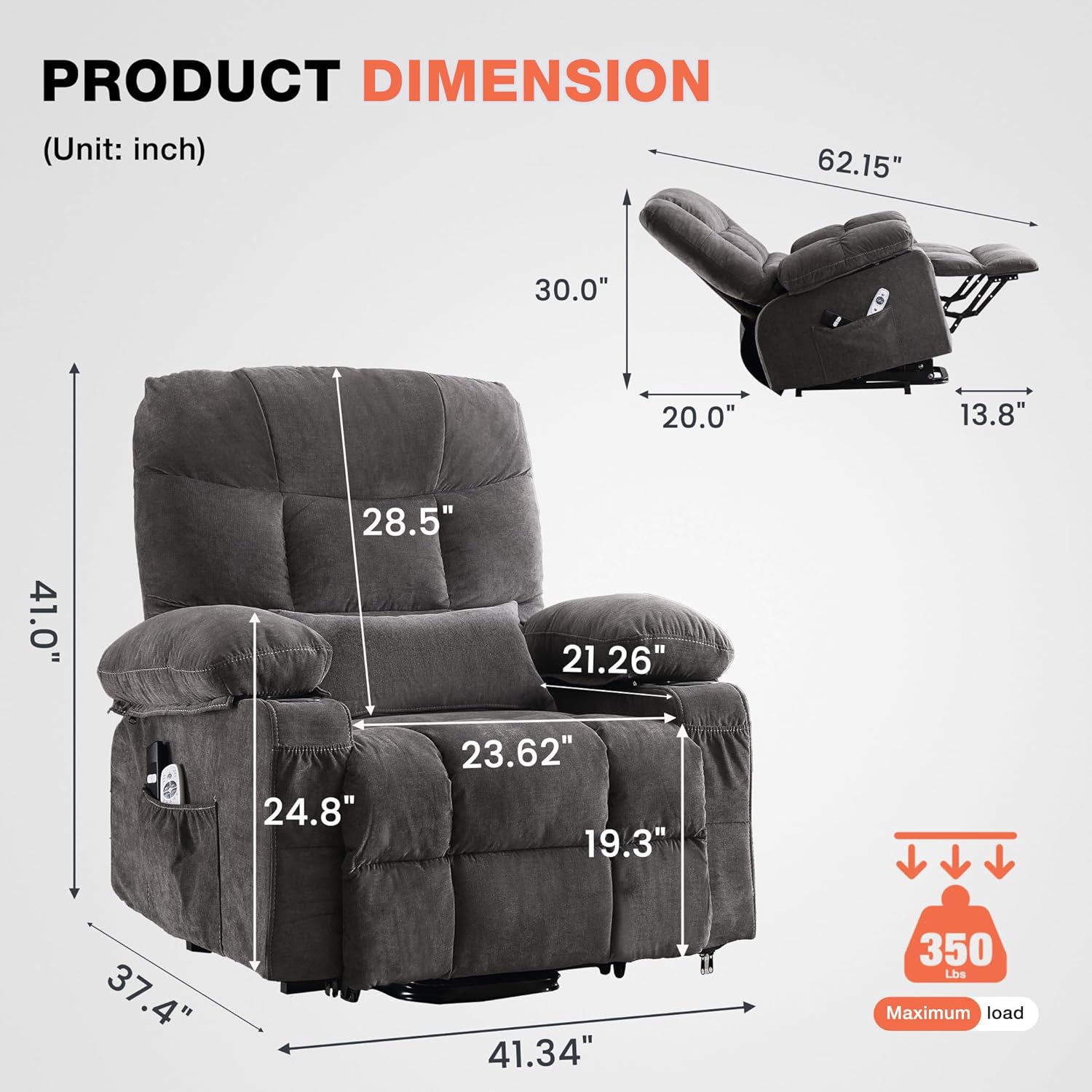 Power Lift Recliner Chair for Elderly with Vibration Massage and Lumbar Heating, Electric Lift Recliner Single Sofa with Side Pocket, Two Cup Holders and USB Charge Port for Living Room - Image 6