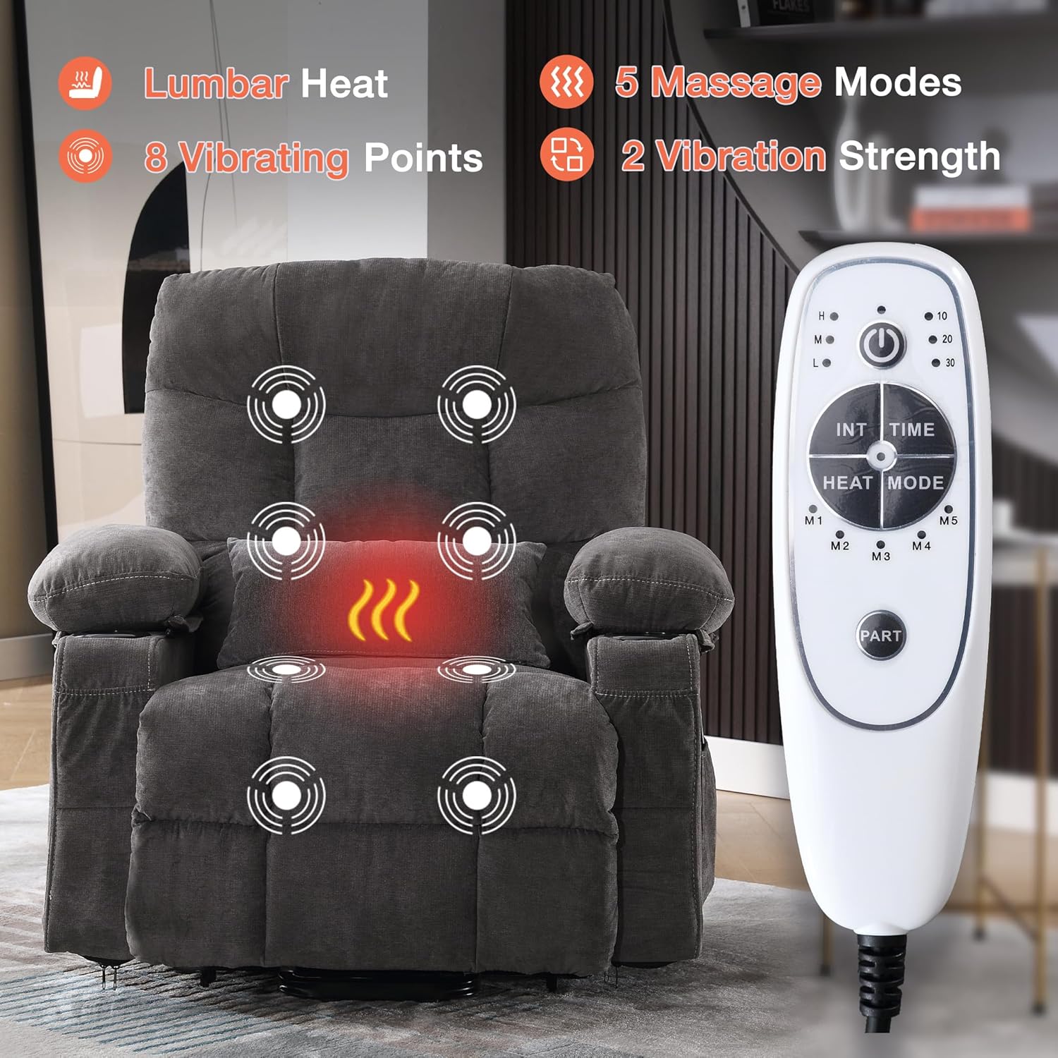 Power Lift Recliner Chair for Elderly with Vibration Massage and Lumbar Heating, Electric Lift Recliner Single Sofa with Side Pocket, Two Cup Holders and USB Charge Port for Living Room - Image 5