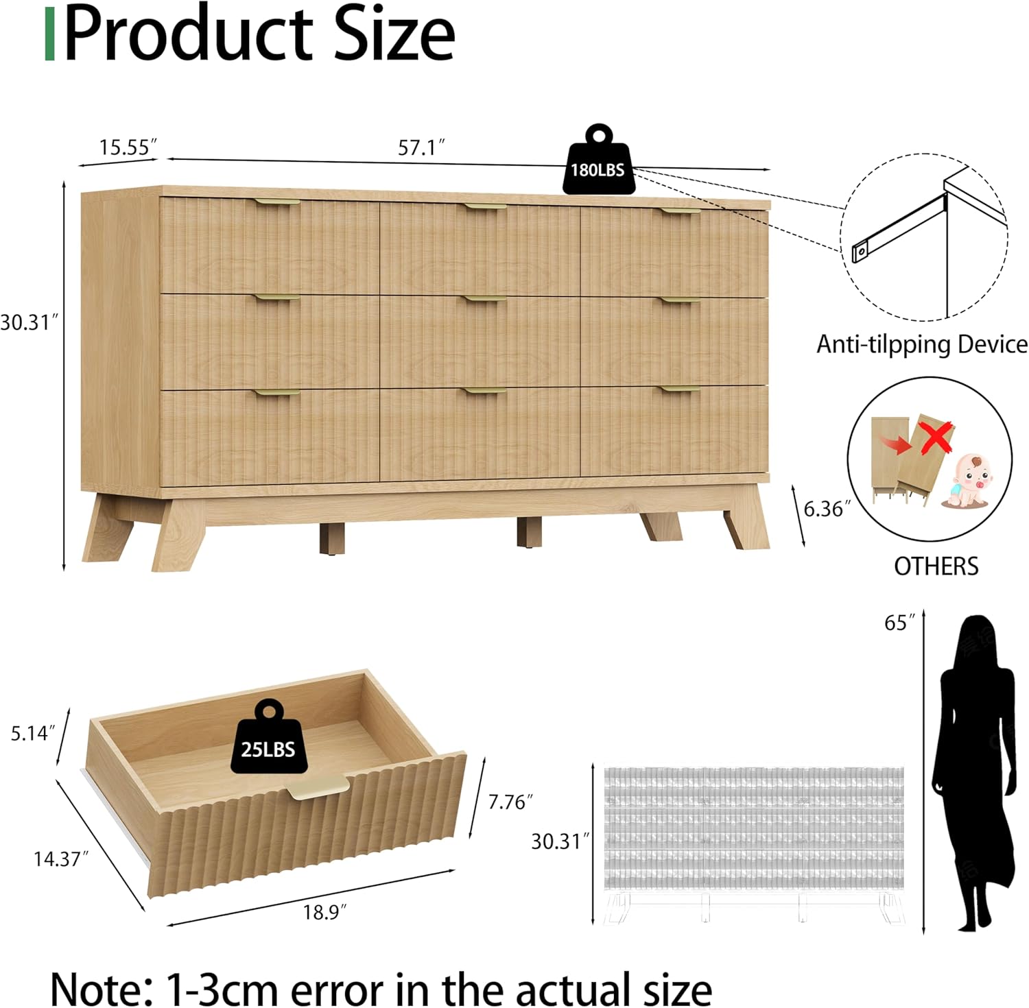Fluted Dresser for Bedroom with 9 Drawers, 57" Wide Modern Chest of Drawers with Metal Handle, Wooden Dresser TV Stand, Wood Closet Clothes Storage Organizer for Living Room, Hallway, Natural Oak - Image 5