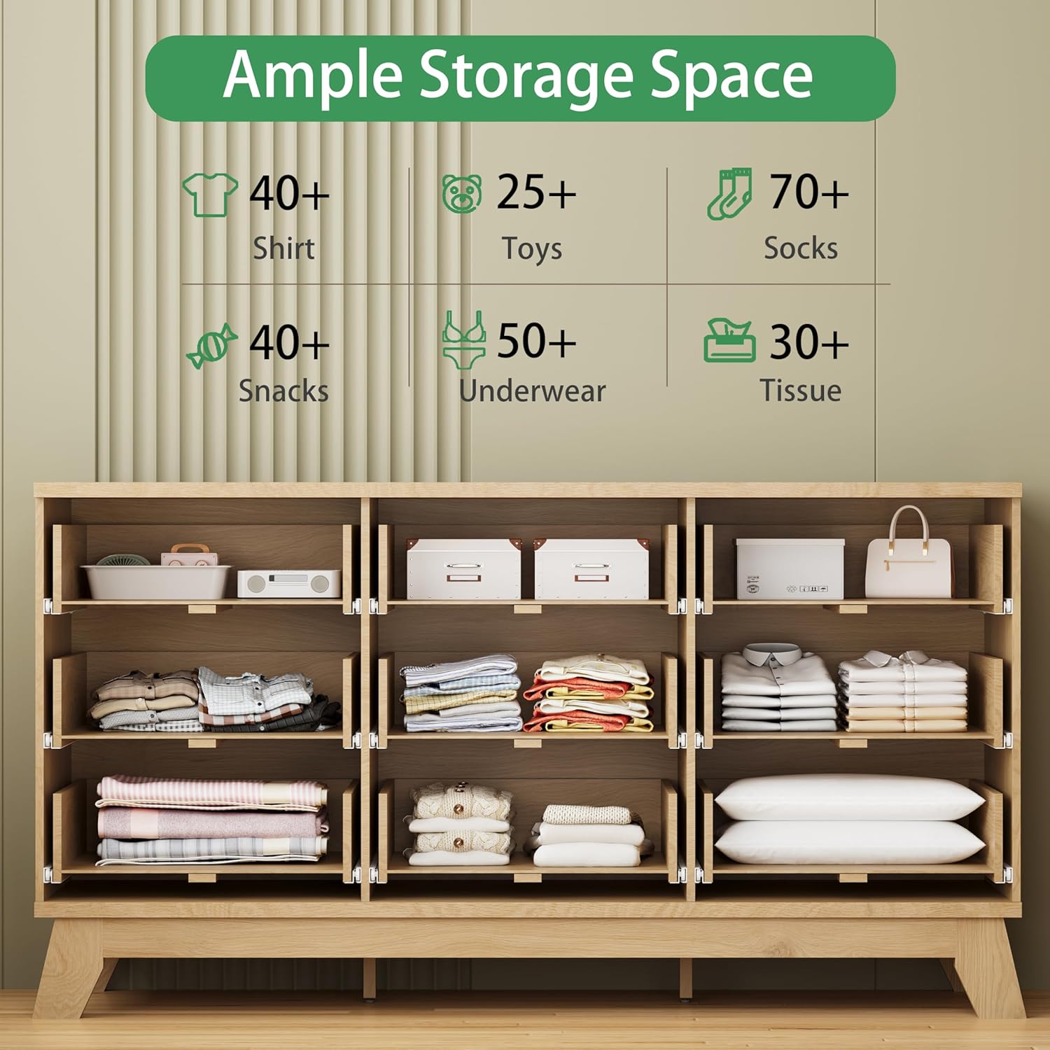 Fluted Dresser for Bedroom with 9 Drawers, 57" Wide Modern Chest of Drawers with Metal Handle, Wooden Dresser TV Stand, Wood Closet Clothes Storage Organizer for Living Room, Hallway, Natural Oak - Image 4