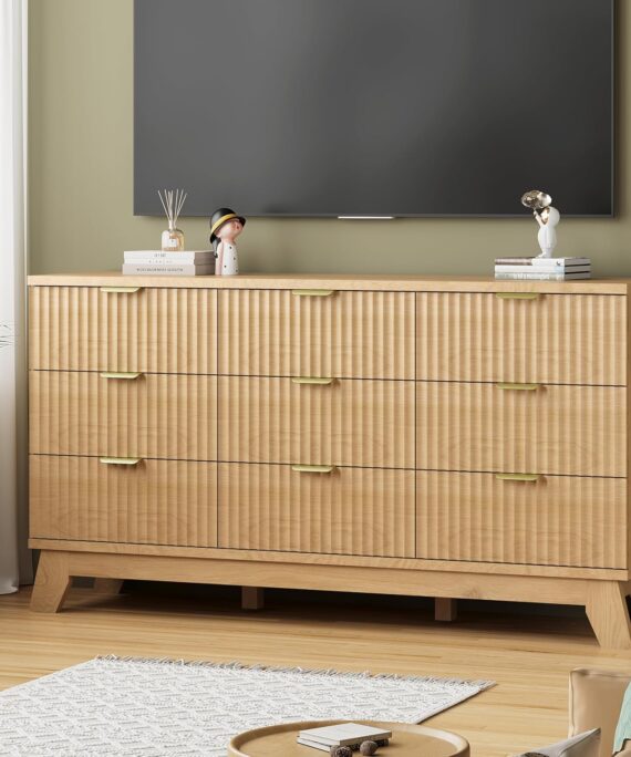 Fluted Dresser for Bedroom with 9 Drawers, 57" Wide Modern Chest of Drawers with Metal Handle, Wooden Dresser TV Stand, Wood Closet Clothes Storage Organizer for Living Room, Hallway, Natural Oak