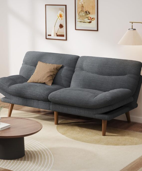Convertible Futon Sofa Bed,66" Corduroy Futon Couch with Adjustable Backrest and Armrests, Recliner Sleeper Sofa for Small Spaces, Play Room or Office, Grey