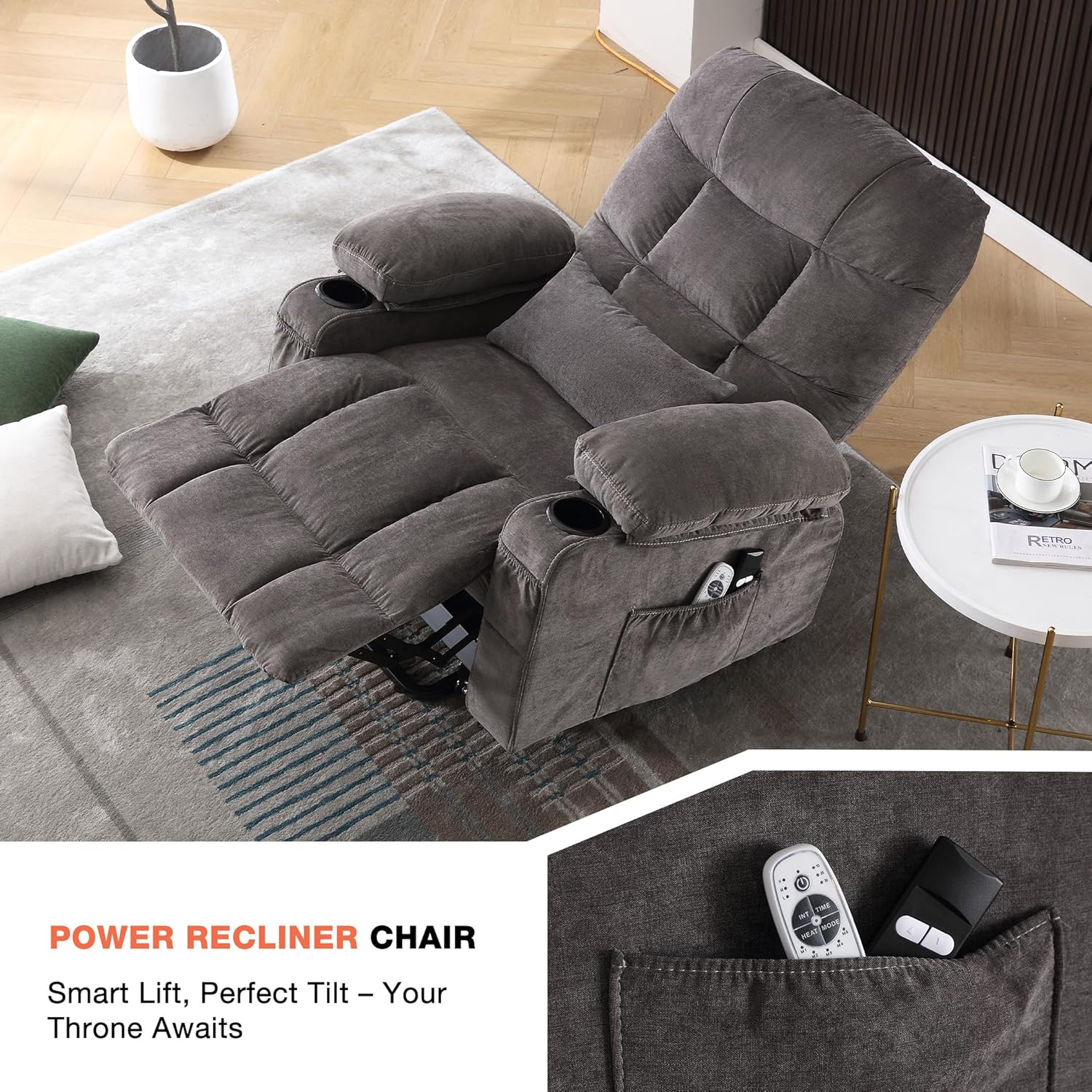 Power Lift Recliner Chair for Elderly with Vibration Massage and Lumbar Heating, Electric Lift Recliner Single Sofa with Side Pocket, Two Cup Holders and USB Charge Port for Living Room - Image 4