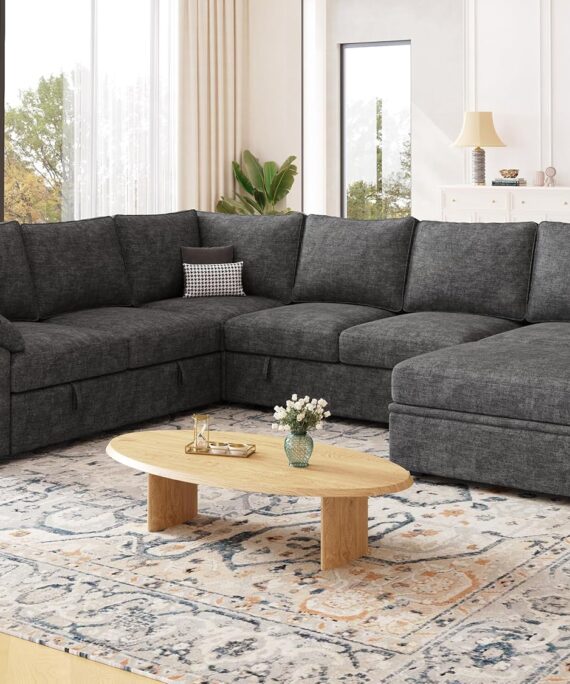 108 Inch Sectional Sleeper Sofa with Pull Out Bed, U Shaped 7 Seat Modular Sectional Sofa with Storage, Sectional Couches for Living Room, Cloud Modular Couch