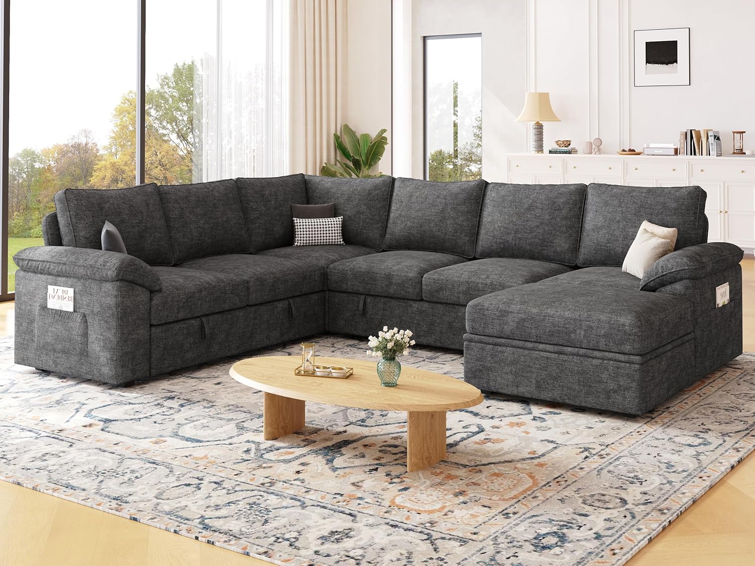 108 Inch Sectional Sleeper Sofa with Pull Out Bed, U Shaped 7 Seat Modular Sectional Sofa with Storage, Sectional Couches for Living Room, Cloud Modular Couch