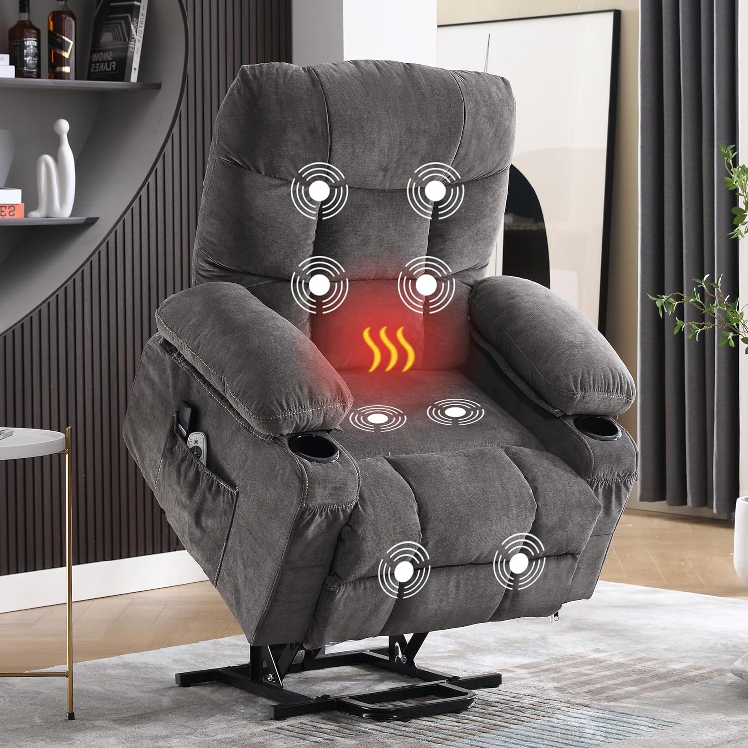 Power Lift Recliner Chair for Elderly with Vibration Massage and Lumbar Heating, Electric Lift Recliner Single Sofa with Side Pocket, Two Cup Holders and USB Charge Port for Living Room - Image 7