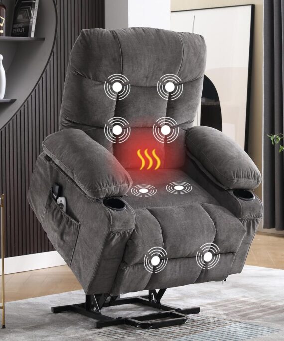 Power Lift Recliner Chair for Elderly with Vibration Massage and Lumbar Heating, Electric Lift Recliner Single Sofa with Side Pocket, Two Cup Holders and USB Charge Port for Living Room