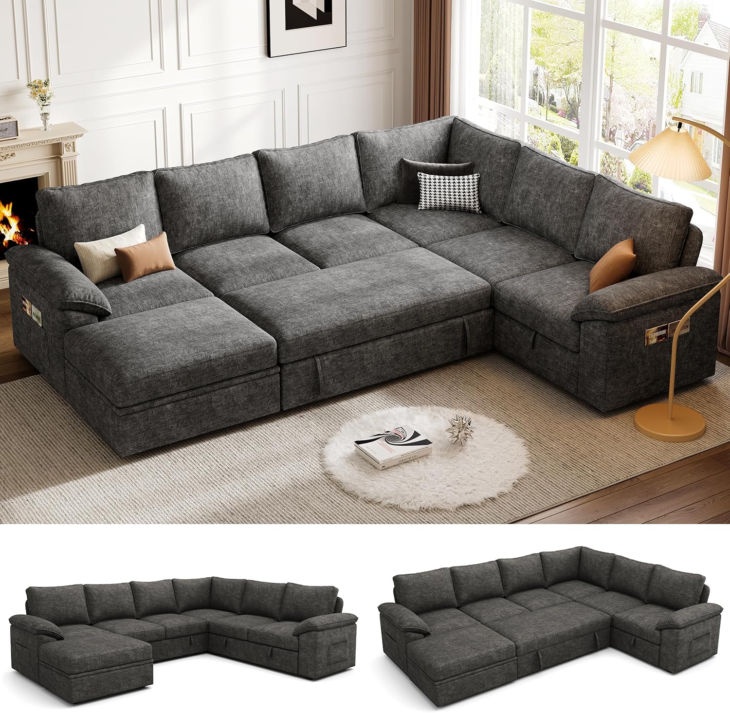 108 Inch Sectional Sleeper Sofa with Pull Out Bed, U Shaped 7 Seat Modular Sectional Sofa with Storage, Sectional Couches for Living Room, Cloud Modular Couch - Image 5
